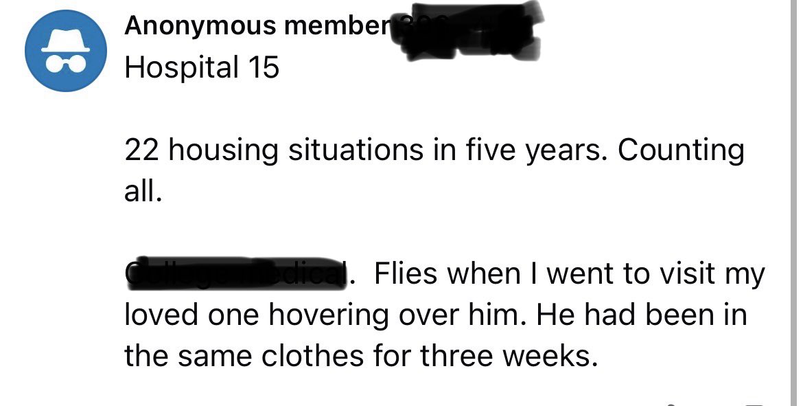 DeborahGeesling's tweet photo. Took a quick survey in an online group for families of severely mentally ill:

1. How many times has your loved one been hospitalized? #’s only 

2. How many different housing situations? #’s only

3. Describe the filthiest housing situation you’ve encountered in three or four sentences.
