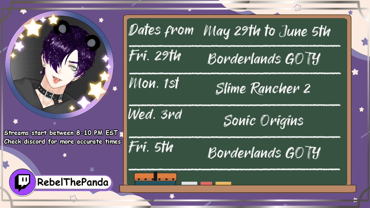 RebelThePanda's tweet photo. Stream Schedule for Twitch, May 29th to June 5th. Check the discord (links in bio) for more accurate times day of! #VTuber #ENVtuber #RebelThePanda #Twitch https://t.co/eEemmBZj6C