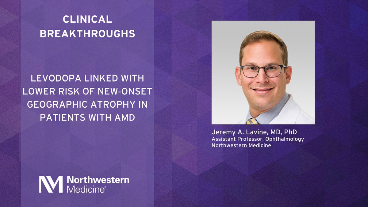 NMOphthalmology's tweet photo. Jeremy Lavine, MD, PhD, shares key background on his recent study that examined whether exposure to levodopa (L‑DOPA) is associated with a reduced risk of developing geographic atrophy secondary to age‑related macular degeneration (AMD). @NUFeinbergMed 
https://t.co/sld1S8r7Lt https://t.co/ZqzQWQExz8