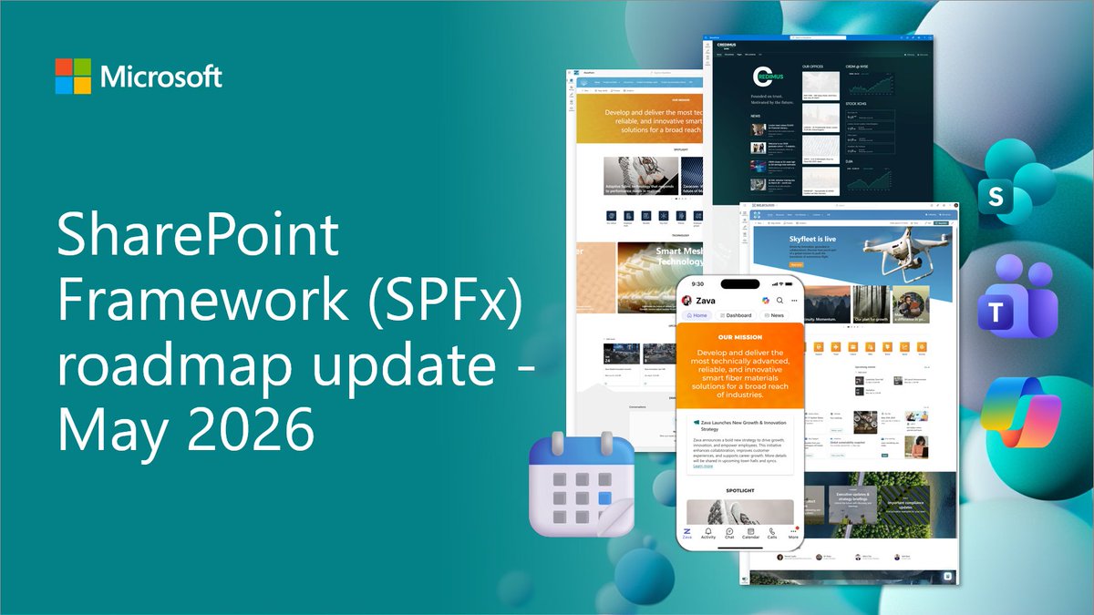 SharePoint's tweet photo. 💡 SharePoint Framework (SPFx) - May 2026 roadmap update

• v1.23 general availability
• List and library panel overrides
• Preview on upcoming AI and Copilot investments
• Usage continues growing 🚀

See details → https://t.co/yQhe9uZovm

#SharePoint #Microsoft365 #SPFx https://t.co/ChaBE9Wdf7