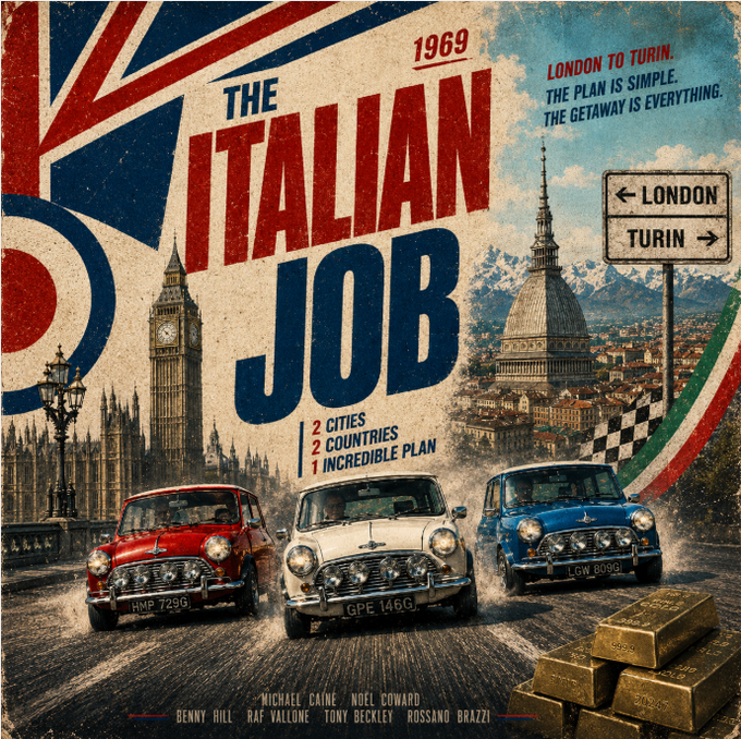 rv_podcast's tweet photo. You’re only supposed to listen to the bloody podcast.

Next time on the podcast, we’re climbing into three very small cars and heading off on one of the biggest, cheekiest and most gloriously British capers ever put on screen.

Released in 1969, The Italian Job is the film where cool Britannia, criminal mischief and precision-planned chaos all collide in spectacular style. Michael Caine stars as Charlie Croker, freshly out of prison and immediately drawn into a plan so bold it feels less like a robbery and more like a national sporting event.

The target is Turin, the prize is a fortune in gold, and the method involves timing, nerve, traffic jams, computer sabotage and, of course, three unforgettable Minis in red, white and blue.

But The Italian Job is much more than a heist movie. It is a time capsule of late-sixties Britain, full of sharp suits, dry humour, swaggering confidence and a wonderfully lopsided sense of adventure. It has Noël Coward dispensing criminal wisdom from behind bars, Benny Hill causing mayhem with improbable enthusiasm, Quincy Jones giving the whole thing a fabulous musical kick, and Michael Caine delivering one of the most famous lines in British cinema history.

The film moves from London plotting to Italian chaos with the confidence of a movie that knows exactly how much fun it is having. The Mini chase through Turin remains one of cinema’s great set pieces: nimble, inventive, and still thrilling more than fifty years later. 

 So join us as we celebrate The Italian Job, a film packed with charm, style, speed, cheek and just the right amount of patriotic nonsense. It is the story of a plan, a getaway, a cliffhanger, and three little cars that somehow became movie legends.
https://t.co/N7o6C7trPV