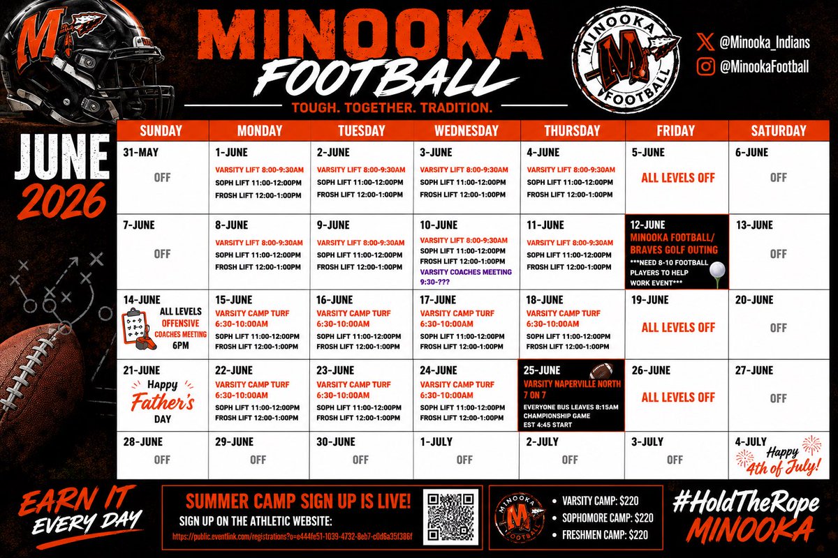 Minooka_Indians's tweet photo. Just wanted to share the June Monthly Calendar. Make sure all athletes are signed up before June 1st.  Equipment will not be given out to anyone not signed up. #HoldTheRope #Culture @MCHSDistrict111 @IndianNationn @MCHS_AO https://t.co/1vvtImDyjW