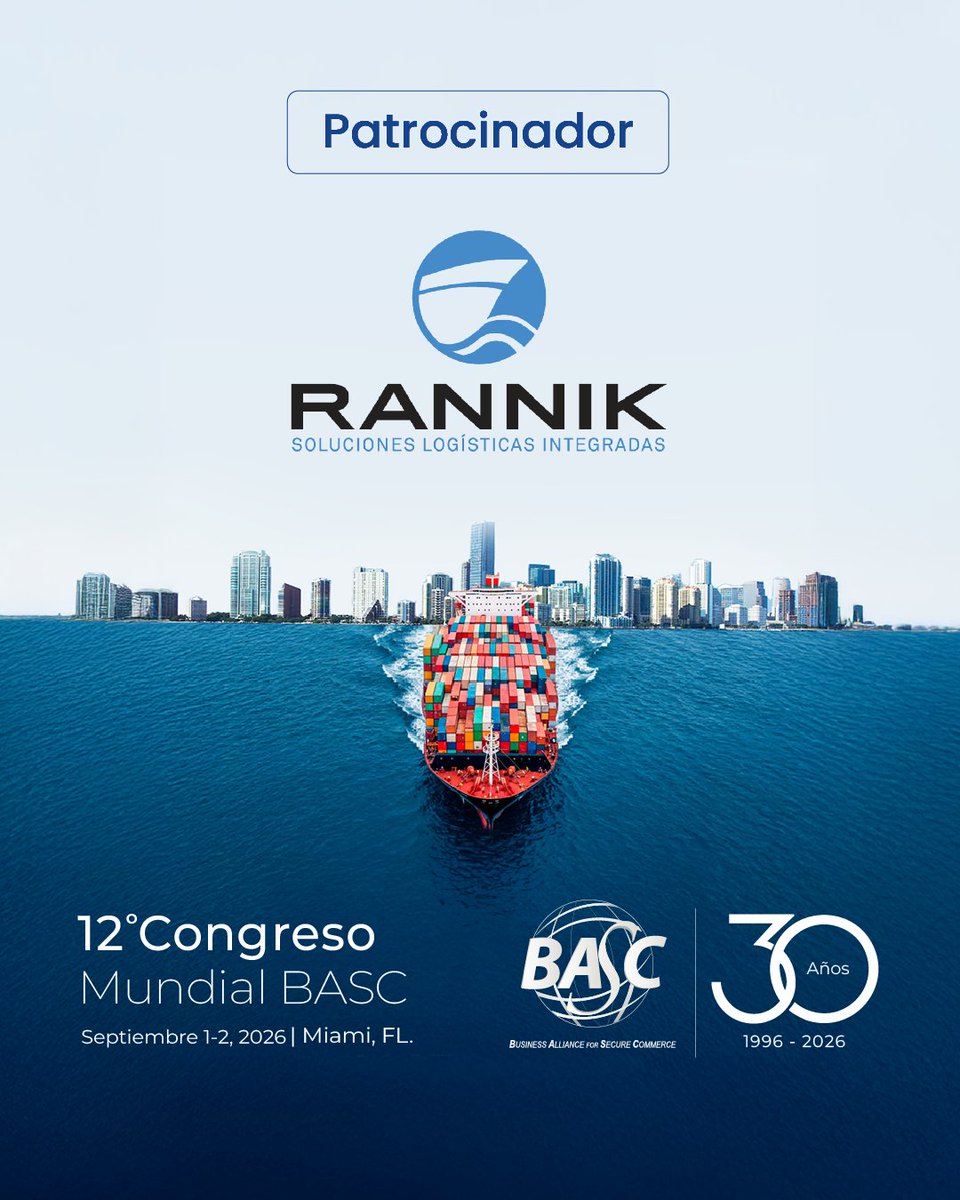 WorldBASCOrg's tweet photo. Le damos la bienvenida a RANNIK como patrocinador del 12º Congreso Mundial BASC. Con más de 100 años de trayectoria, se ha consolidado como una empresa líder, en transporte marítimo, aéreo y terrestre para el comercio internacional.

#Miami2026 #BASC30años https://t.co/2d5XVlXCbt