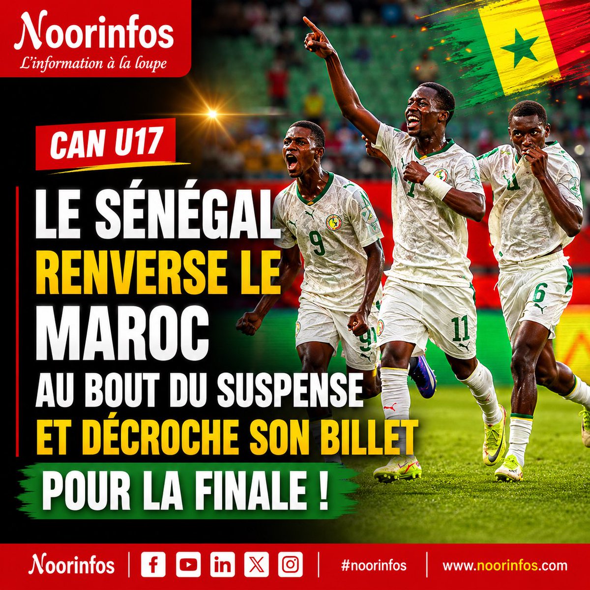 noorinfos's tweet photo. 🟥 CAN U17 : le Sénégal renverse le Maroc au bout du suspense et décroche son billet pour la finale https://t.co/7g0L0S88Yr