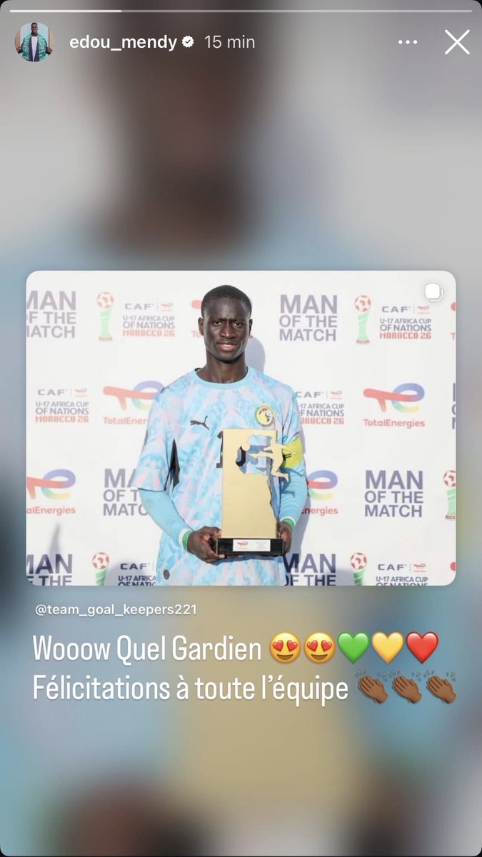 ATS_fr's tweet photo. Édouard Mendy sur Instagram à propos d’Assane Sarr après la qualification pour la finale de la #CANU17 : 

"Wow quel gardien ! 😍😍💚💛❤️" https://t.co/LosindD8ss