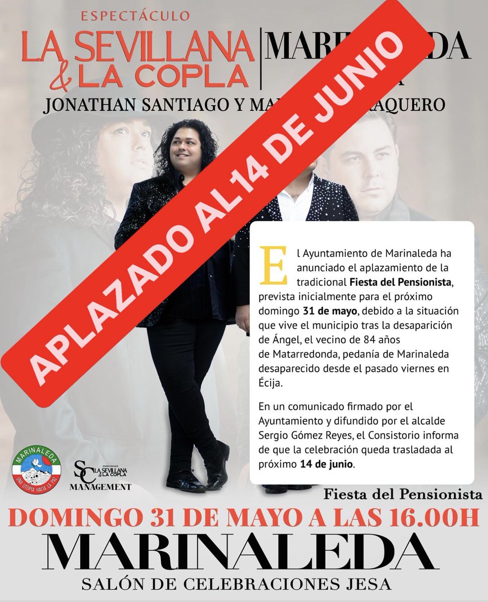 jonathansanti25's tweet photo. Debido a la situación que está viviendo Marinaleda tras la desaparición de Ángel,  lo más adecuado es aplazar el concierto previsto para este domingo.
Mandamos todo nuestro apoyo y cariño a su familia.
Nueva fecha: 14 de junio.
Gracias por vuestra comprensión
@barcialopodus. https://t.co/dMOTnoNKej