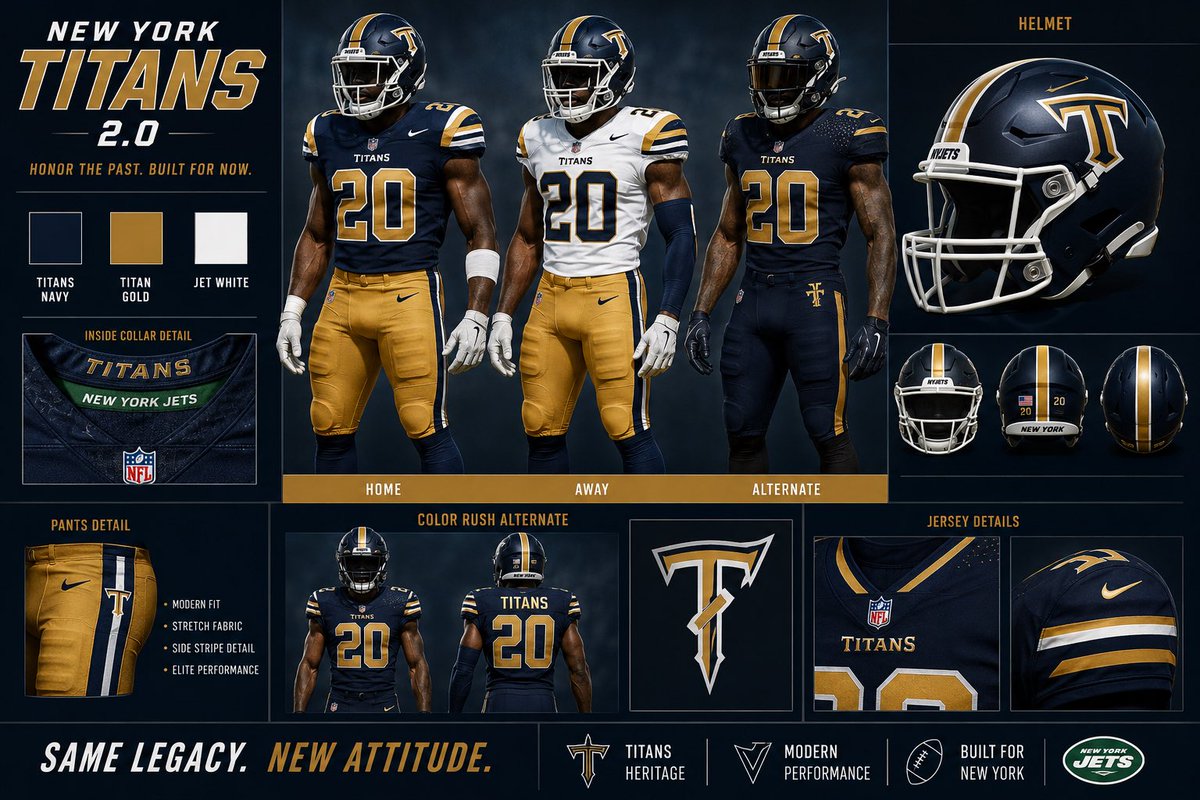 Gridiron2Hoops's tweet photo. Week 1 vs the Titans.

So I redesigned the New York Titans uniforms for today’s NFL.

Matte navy helmet.
Metallic gold accents.
Cleaner numbers.
Modern fit.

Rate it from 1-10 👇

#Jets #NYJets #TakeFlight https://t.co/n1jdxap6ok