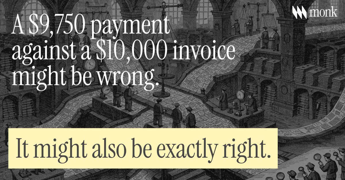 usemonk's tweet photo. The hard part of cash application isn't matching payments to invoices. It's figuring out what the payor intended.

A $9,750 payment on a $10,000 invoice could be a short-pay, an approved discount, a processor fee, or an error. The answer changes everything downstream.

full breakdown in thread 👇