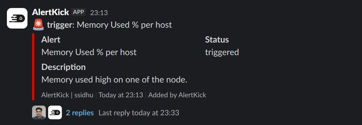 _ssidhu's tweet photo. AlertKick now has Slack App

Alerts post to your channel with full context, ack and resolve work from the buttons, and the channel updates as alerts close. 

Built so the on-call engineer never has to leave Slack to triage.

Small but it was the missing piece for actually using it day-to-day.  https://t.co/576PLpjv6z