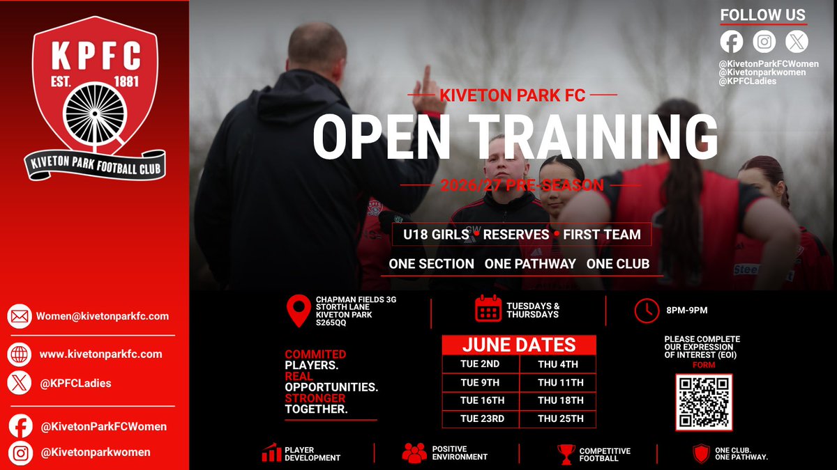KPFCLadies's tweet photo. ⚽️ OPEN TRAINING –JUNE 2026 🔴⚫️

EOI now open for players interested in joining our:

U18 Girls
Reserves
First Team

Chapman Fields 3G, S26 5QQ
Tues &amp; Thurs
8pm–9pm

If you’re interested in joining us for the 2026/27 season, please complete the EOI form.

https://t.co/8pu1kKASWG https://t.co/PZU2VV3OD7