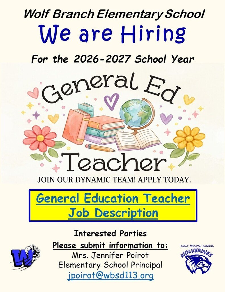 wbsd113's tweet photo. Wolf Branch Elementary 
Is Hiring
General Education Teacher
Come Join Our Team

Job Description: https://t.co/s5ZBUoZ9yz https://t.co/Np4QIF8Ifp