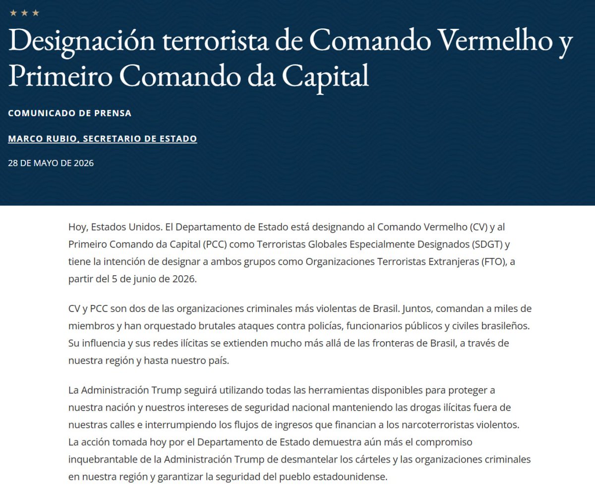 NOTINAFO's tweet photo. 🇺🇸🇧🇷 EE.UU. designa al Comando Vermelho y al PCC como organizaciones terroristas globales https://t.co/KkhqJrfvJq