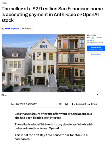 thebenbergman's tweet photo. The seller of a $2.9 million San Francisco home accepting payment in Anthropic or OpenAI stock has been flooded with offers.

The seller is a local "high-end luxury developer" who is a big believer in Anthropic and OpenAI. https://t.co/sgoioMpWrC