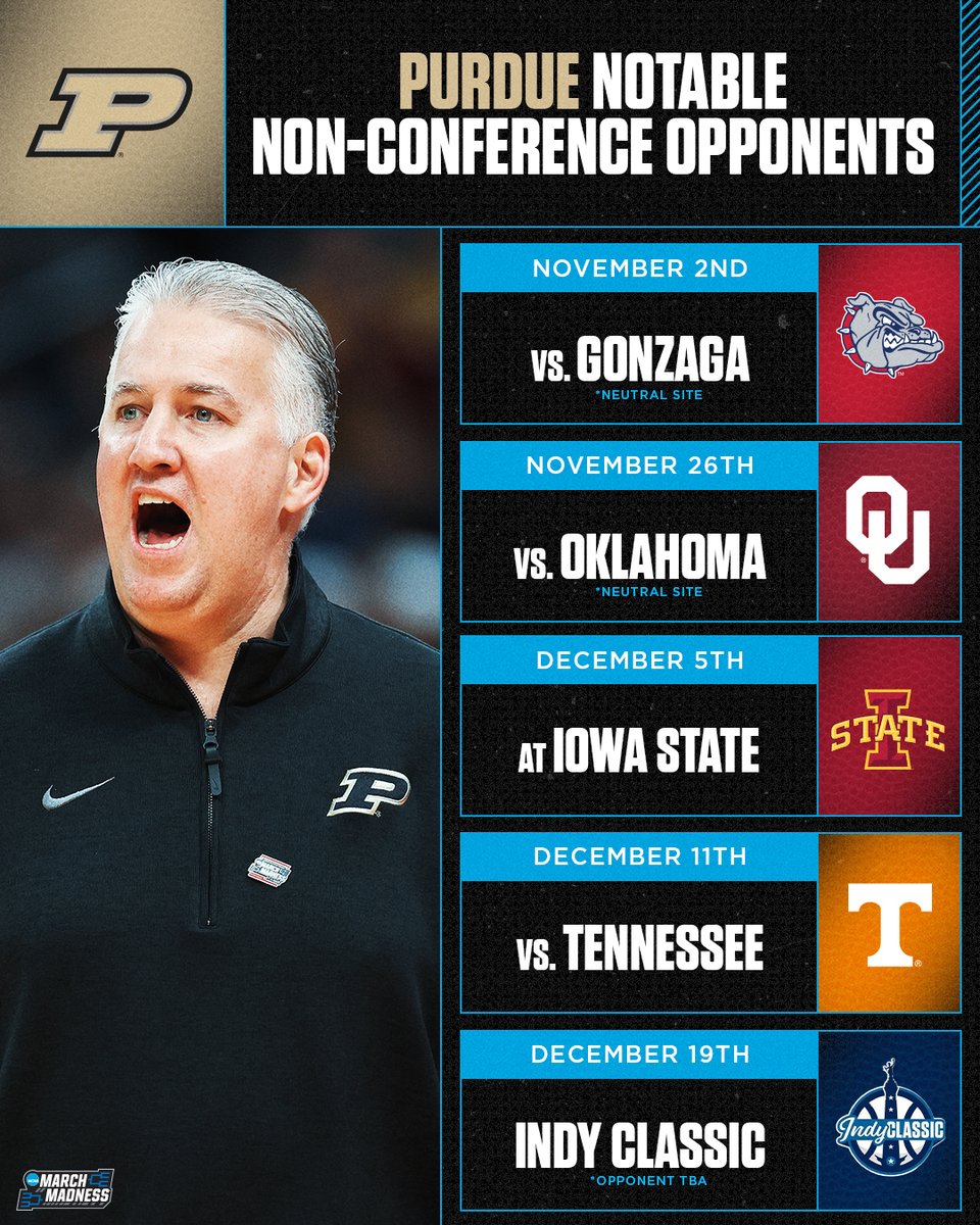 MarchMadnessMBB's tweet photo. Purdue has released its non-conference schedule 👀

Boilermakers look to get the train rolling November 2nd against Gonzaga 🚂 https://t.co/cbjv3vz9r5