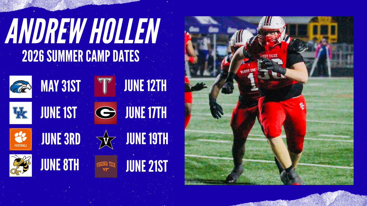 AndrewHollen's tweet photo. Looking forward to getting after it this summer during camp season. Camps I’m locked into so far. 

@SCHSPatriots @creeksrecruits  @CoachWright615 @CoachGodfrey_27  @CoachMurphySC03 @yahunathan314 @glat74 @bigka54 @coachkub_70 @HetzlerJackson @coachmattluke @dallaswarmack @coachmoorevt @carsonballard8 @coach_Rothwell @chrisbaileyrep @geepwade @coachmateos @fordmac15 @bentawwater @coachblaz @kananray @coachclark3 @coachmateos  @Coach___Clem @coachbilldurkin @joe_discher @Jay_clem_ @coachcasey_ @coachzlankford @coachgreeneOL  @coachmorrisonsu @rustymansell_ @kyanhhuynh_ @chadsimmons_  @benjaminwolk @ga_gridiron @theUCReport @GAPrepVarsity @sixstarfootball @PlayBookAthlete @RecruitGeorgia @NEGARecruits @arvonbacon @najehwilk