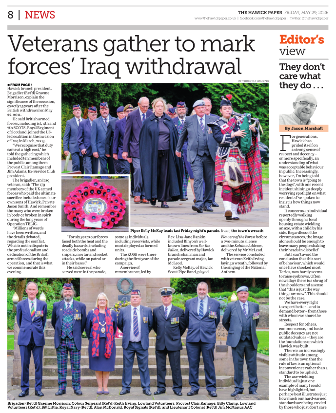 TheHawickPaper's tweet photo. We look back at last Friday night’s moving parade where local veterans, community leaders, and residents gathered to mark the 15th anniversary of British forces' withdrawal from Iraq.

Only in your Hawick Paper. Out now.

#LestWeForget https://t.co/x3xApRlR2z