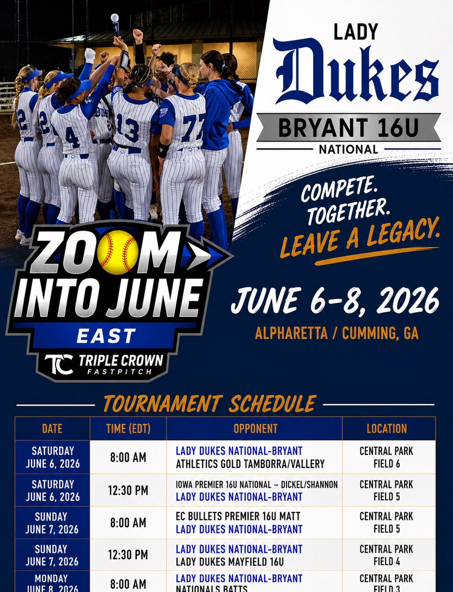 LadyDukesBryant's tweet photo. ✈️ SUMMER TOUR STOP #1
 📍 Zoom Into June East | 
      Alpharetta/Cumming, GA 🗓️ June 6-8

@TCSFastpitch

A new summer. A new schedule. Same mission. Ready to compete, grow, and make some noise along the way. 🚩 https://t.co/4OhG4W7Ph6
