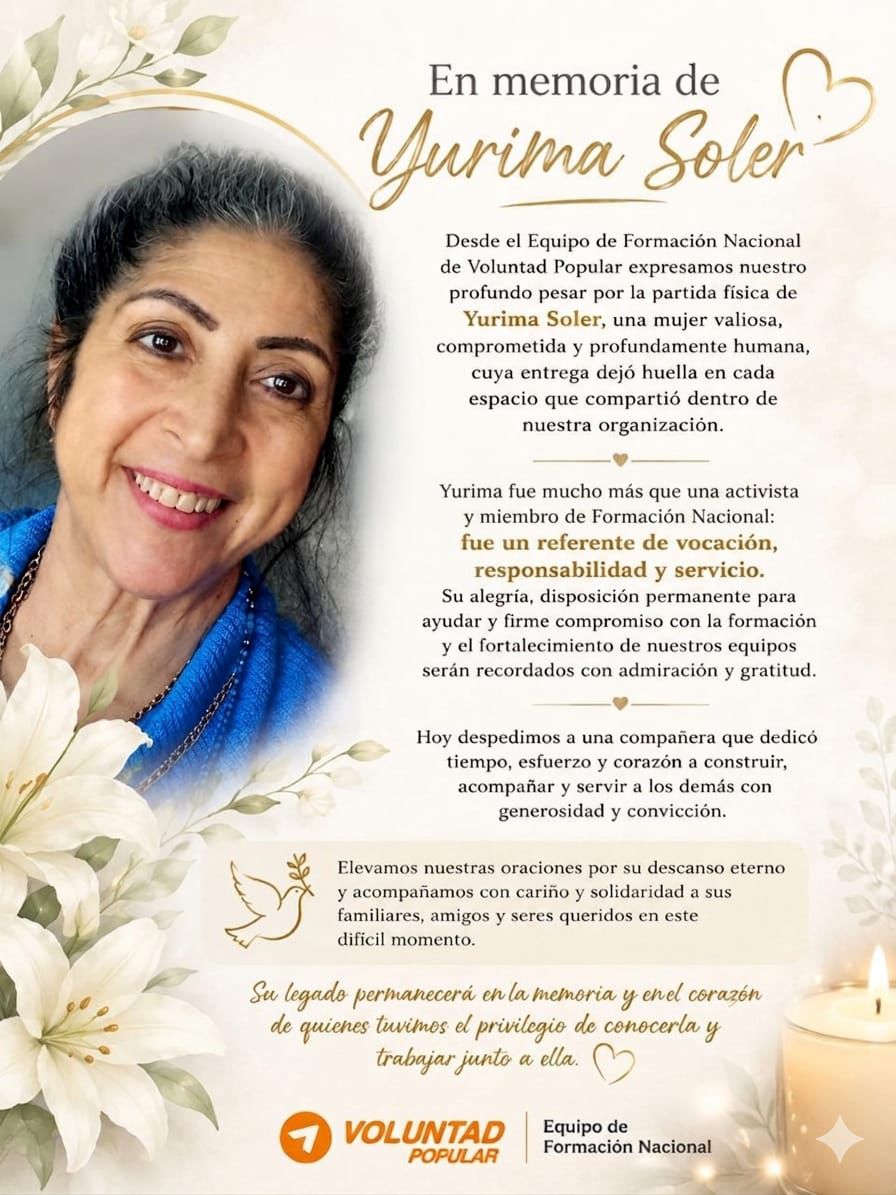 TIRSOFLORES's tweet photo. Solidario con familiares y amigos de Yurima Soler.

Su vocación de servicio, su alegría y su disposición permanente para ayudar dejaron una huella imborrable en cada espacio y vida que impactó.

Que su memoria permanezca siempre entre nosotros. 🕊️ https://t.co/zwldXEO1zo