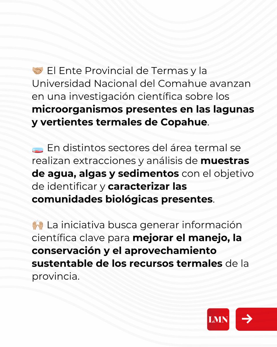 LMNeuquen's tweet photo. ♨ El Ente Provincial de Termas y especialistas de la Universidad Nacional del Comahue (#UNCo) avanzan en una investigación científica sobre los microorganismos presentes en las lagunas y vertientes termales de #Copahue. https://t.co/HT0YJ8zdgA