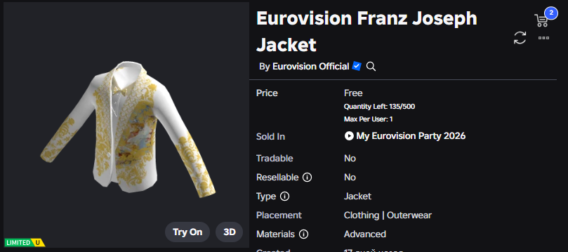 Xh0PlUgc's tweet photo. 🔴New limited item << My Eurovision Party 2026 >>

📦Stock: 135
❗How to get it: You will need to get the level 35 badge, and then get the Medium Master badge (by completing all the Medium difficulty songs), and then you can get it.

➡️https://t.co/owVYGiPnsy
➡️https://t.co/pjPJjHksYk

#Roblox #RobloxDev #RobloxFreeUGC #RobloxUGCLimited