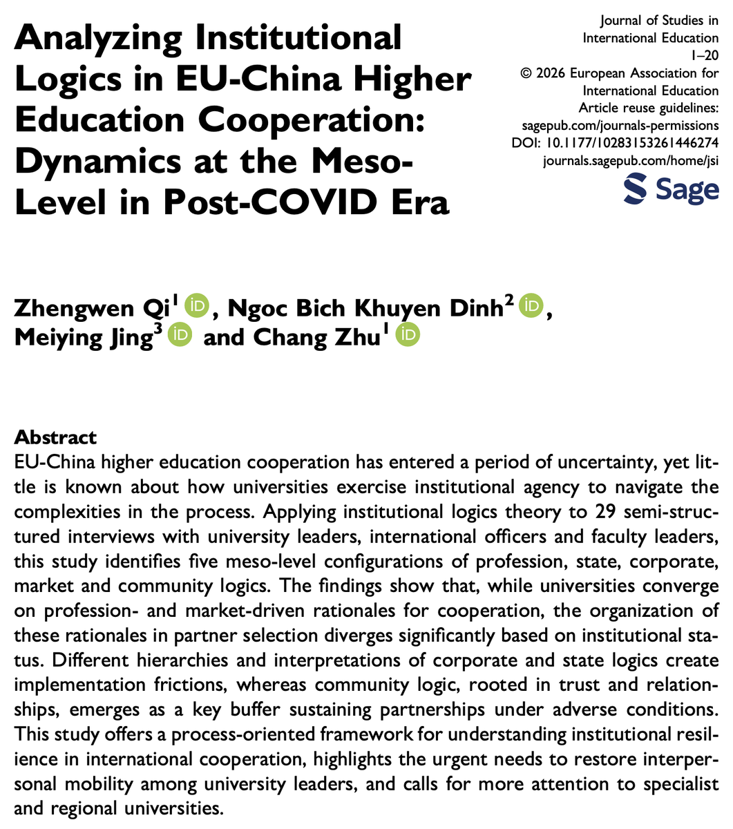 jsinted's tweet photo. Analyzing institutional logics in EU-China higher education cooperation: dynamics at the meso-level in post-COVID era

@Zhengwen93 et al

→ https://t.co/m4BdlM1VcL

#HigherEd #IntlEd #InternationalCooperation #EUChinaCooperation #InstitutionalLogics #UniversityGovernance 🇪🇺🇨🇳 https://t.co/qY720BjzVH