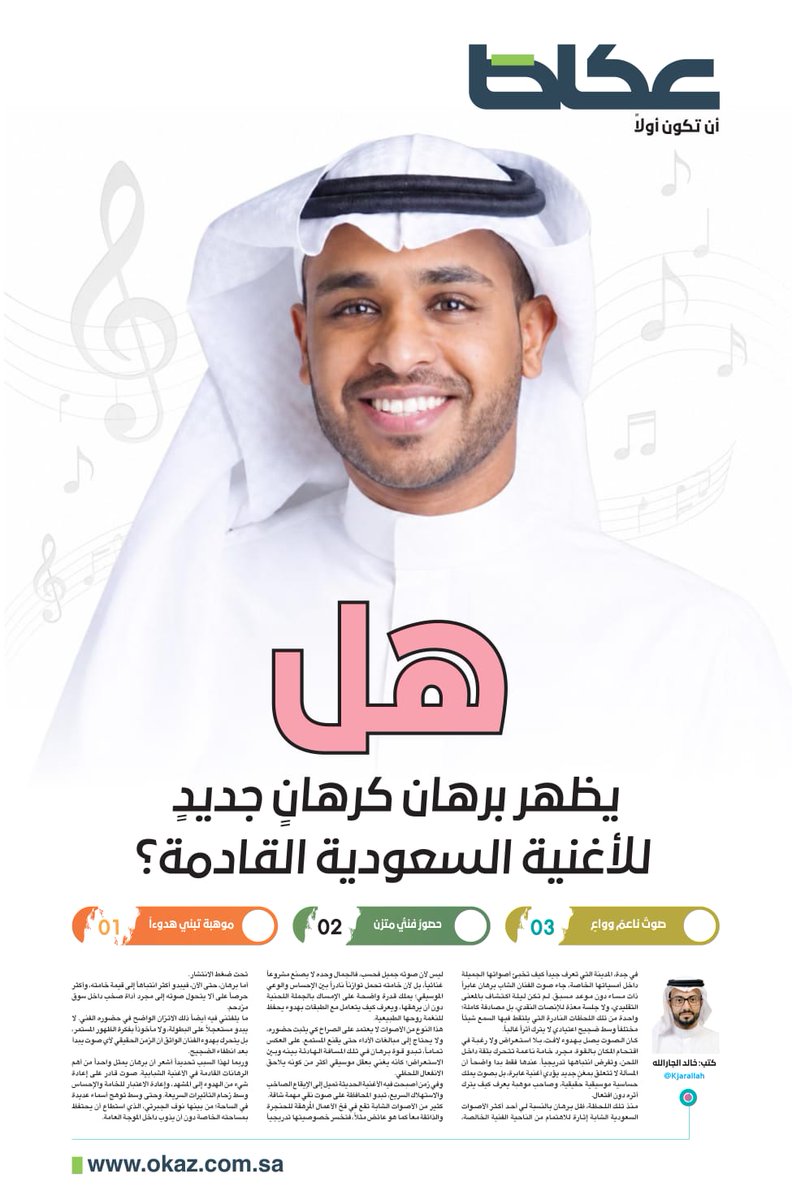 OKAZ__Opinion's tweet photo. خالد الجارالله @kjarallah يكتب : هل يظهر برهان كرهانٍ جديدٍ للأغنية السعودية القادمة؟
https://t.co/8X2C3yJMjo https://t.co/8Mv0hj0C64