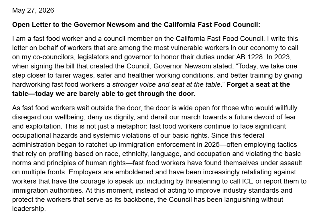 CAFastFoodUnion's tweet photo. This week we marched on the boss at McD's about Angelica Hernandez' store, one worker representative on the #FastFoodCouncil, and wrote a letter to @CAgovernor and the Council on why it’s essential law makers and enforcers don’t deny 500,000+ workers like us a seat at the table. https://t.co/rODf9VCgRn