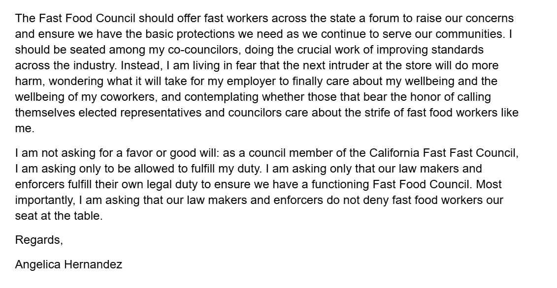 CAFastFoodUnion's tweet photo. This week we marched on the boss at McD's about Angelica Hernandez' store, one worker representative on the #FastFoodCouncil, and wrote a letter to @CAgovernor and the Council on why it’s essential law makers and enforcers don’t deny 500,000+ workers like us a seat at the table. https://t.co/rODf9VCgRn