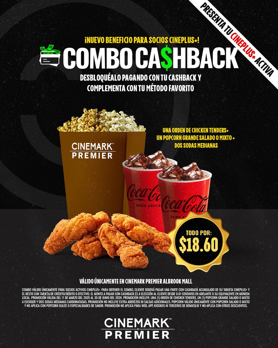 CinemarkPA's tweet photo. ¡El #ComboCashBack sigue disponible en Cinemark! 🤯🍿 Desbloquéalo pagando con el #CashBack de tu tarjeta CinePlus+ y disfruta tu película favorita con las mejores combinaciones de nuestra #Dulcería. 😍

👉 Válido únicamente para socios activos CinePlus+. https://t.co/mu9iNVOsgj