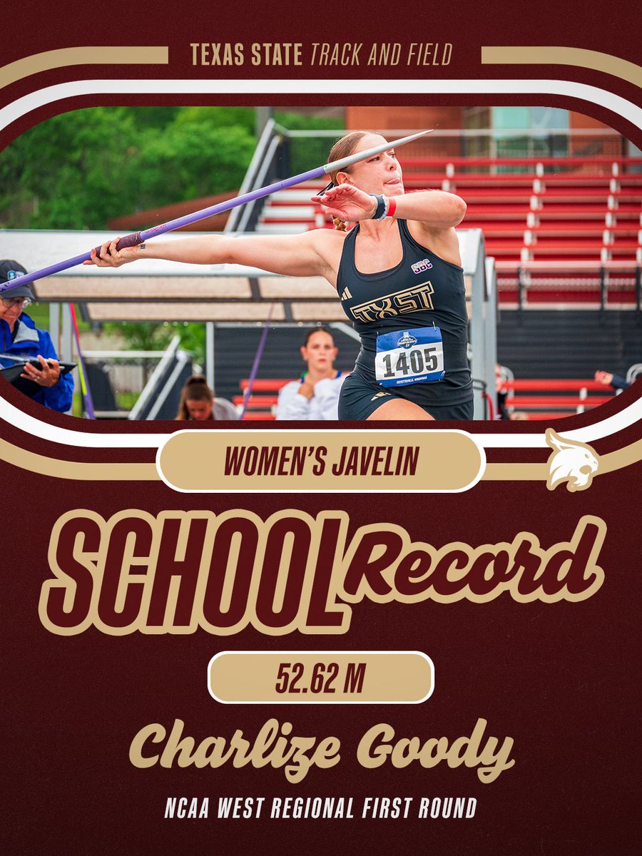 TXStateTrack's tweet photo. SCHOOL RECORD. EUGENE BOUND. 😼🔥

Charlize Goody punches her ticket to the NCAA Outdoor Championships after placing ninth in the javelin with a Texas State school-record throw of 52.62m 🎟️

#EatEmUp https://t.co/gh0agLaHWn