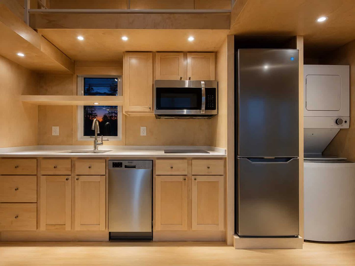 TinyHouseTalk's tweet photo. This loaded two-story Escape eONE Limited is on sale at $104,389 with FREE delivery — floor-to-ceiling upstairs windows, all-electric kitchen, washer/dryer. Sale ends May 30. https://t.co/jbV3Ht9sU6 #tinyhouse https://t.co/bDTBFlebtV