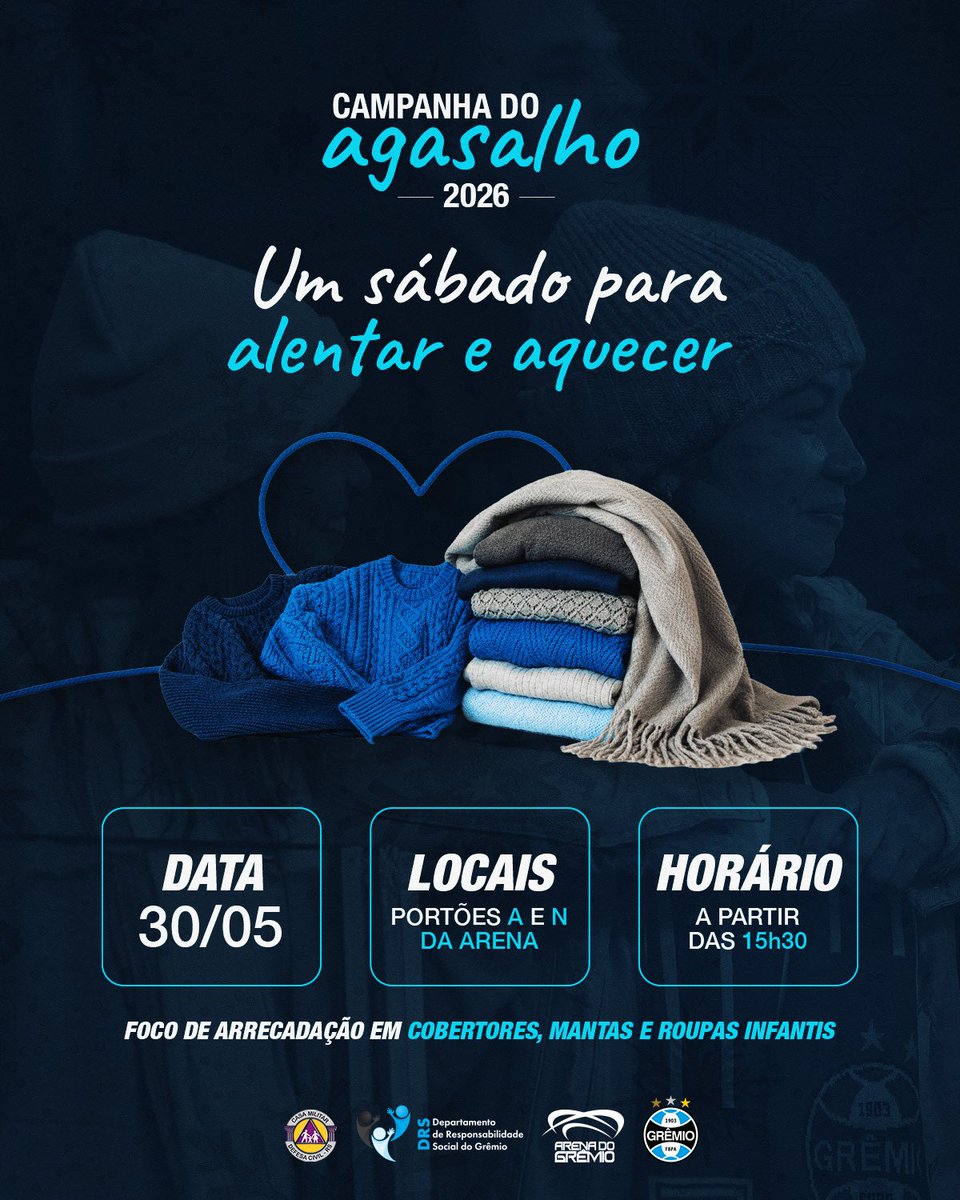 Gremio's tweet photo. Vem pro jogo? Traz teu agasalho pra doar! 🇪🇪💙

O sábado também será de muita solidariedade aqui na Arena! Estaremos recebendo cobertores, mantas e roupas infantis pra ajudar quem precisa neste inverno ❄️ 

Quando e onde levar as doações?
⏱️ Dia 30/05 a partir da abertura dos portões, às 15h30
🏟️ Portões A e N

Leia mais em https://t.co/au2mEvciAm