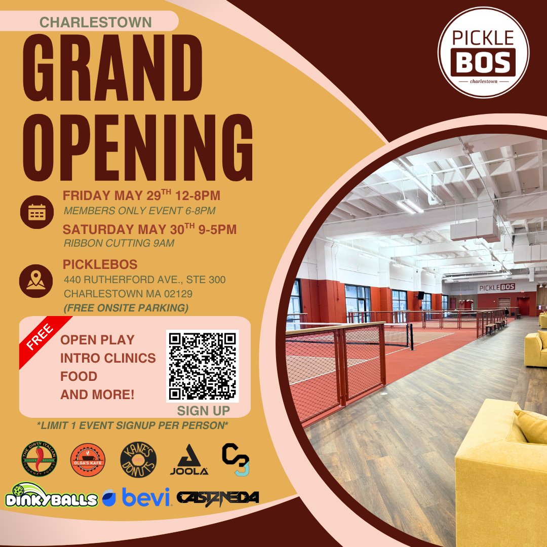 dpacomm's tweet photo. Our client PickleBOS is opening in Charlestown! Celebrate with free open play Friday from 12–6 p.m. and Saturday from 9 a.m.–5 p.m., plus learn-to-play clinics throughout the day. Congrats to the PickleBOS team! https://t.co/YN9Hn7C7Pb