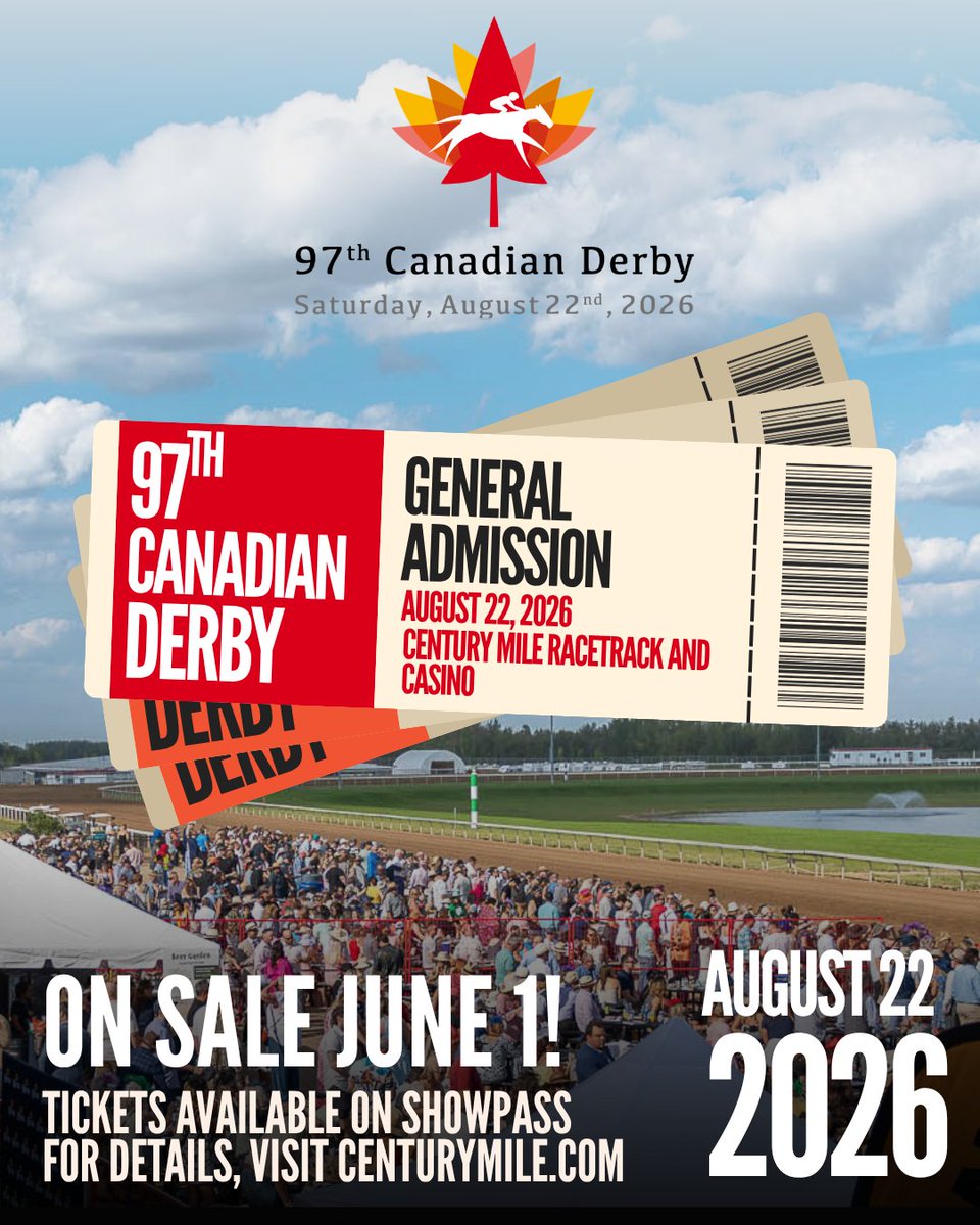 cntymile's tweet photo. Mark your calendar and get your Derby look ready!📆 🐎
Tickets for the 97th Canadian Derby go on sale on June 1! All tickets will be available on Showpass at 10:00am.
For more information on the Canadian Derby, visit our website. https://t.co/4PdqJH6r8r