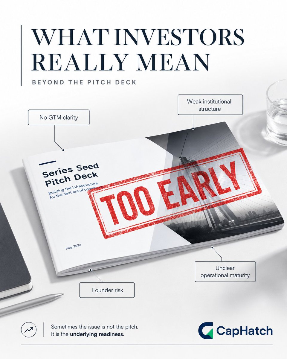 CapHatch's tweet photo. When investors say “too early,” they often mean something deeper:

The company does not yet feel institutionally ready.

Not enough GTM clarity / operational maturity / signal that capital can scale responsibly.

The pitch gets the meeting.
Readiness keeps it alive. https://t.co/3sNoUT3eu6