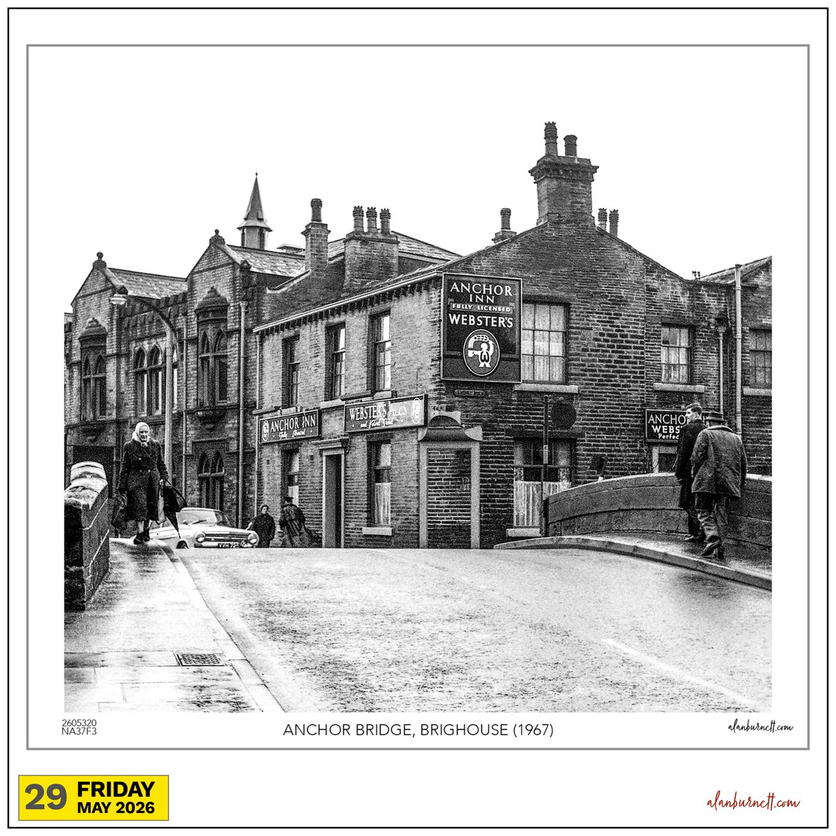 ABFixby's tweet photo. There has been a pub next to the Anchor Bridge over the Calder and Hebble Navigation in Brighouse ever since the canal was constructed in the 1750s. For most of that time, the pub was quite reasonably called the Anchor Inn, but for some reason it was decided that it needed a new name for the twenty-first century and it was rechristened The Bridge. My photograph pre-dates that change of name and takes us back to the 1960s, when it was a famous local live music venue.