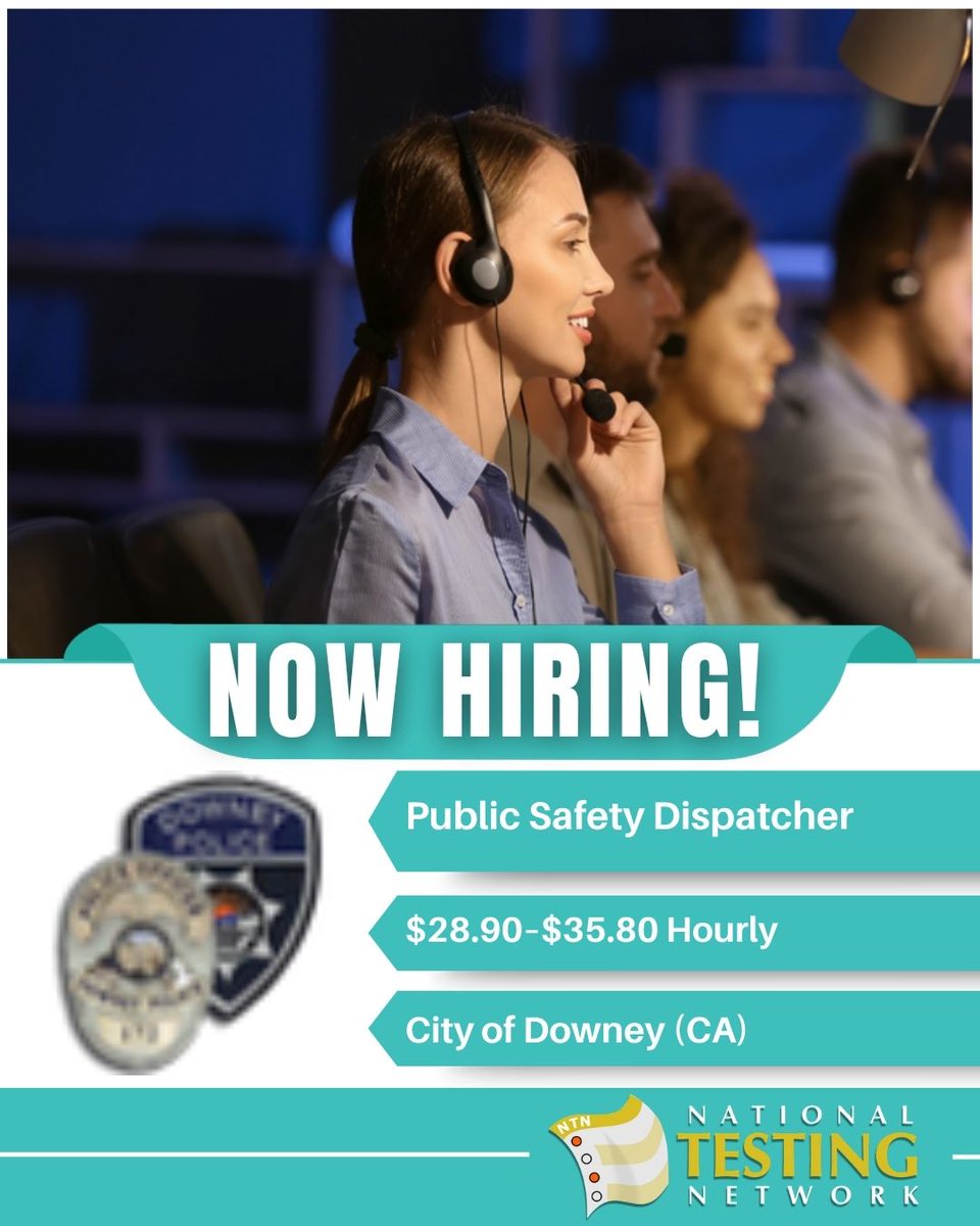 NationalTesting's tweet photo. The Downey Police Department (Downey, CA) is hiring for the position of Public Safety Dispatcher.
 Salary: $28.90–$35.80 Hourly
 Please submit your application materials by 06/12/26.
 Start your career in public safety today! https://t.co/TXUZbnjZrl