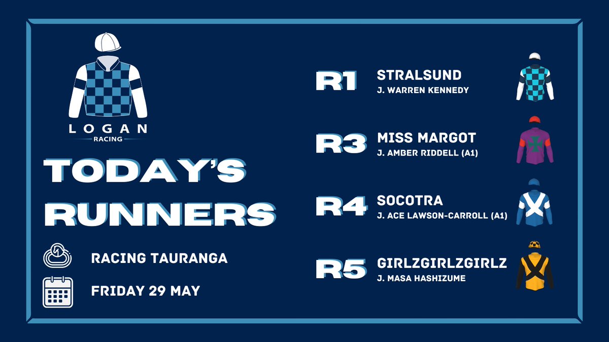 Logan__racing's tweet photo. Friday in the Bay ☀️

📏 Stralsund – Resumes today from tough draw, trialled well.

💋 Miss Margot – Still improving with racing, has a tough draw.

🛵 Socotra – Debuts after pleasing trials.

🦒 Girlzgirlzgirlz – Progressive filly on debut. Trialled strongly and looks a chance. https://t.co/AOfBsqw9to