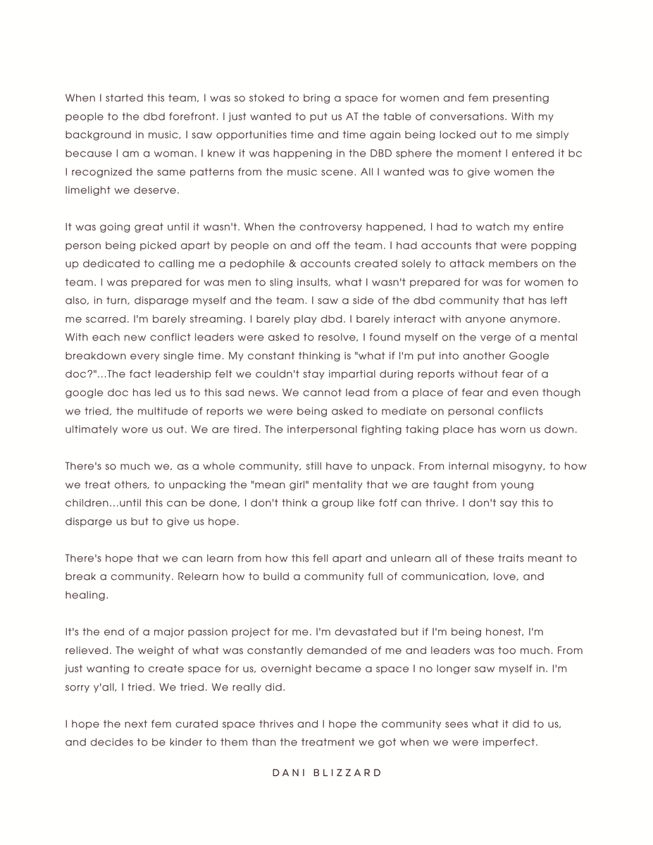 daniBlizz's tweet photo. I hope the next fem curated space thrives and I hope the community sees what it did to fotf, and gives the next group that arises after us grace during their moments of imperfection. https://t.co/qugLE3BQfF