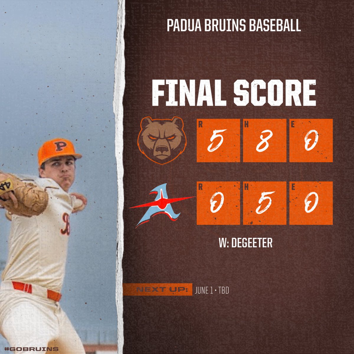 PaduaBruinBB's tweet photo. Bruins win the District Championship behind a complete game shutout from Jack DeGeeter ! 

Jack DeGeeter: 7 IP. 7K 

Bryden Spellacy: 1-3 
Michael Reis: 2-4. RBI. 2B
Michael Cangelosi: 1-3 
Chase Martin: 2-2. 2 RBI
John Park: 1-2. 2 RBI
Reed Cervenka: 1-2 https://t.co/beQl9RdW1n