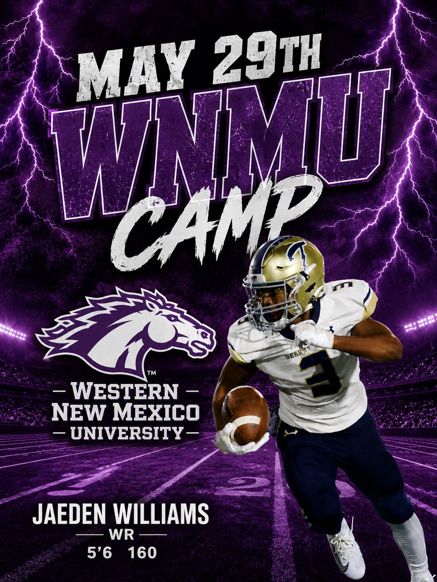Jaeden_3's tweet photo. Looking forward to attending the @WNMUFootball camp tomorrow!! @evan__greene @coach_bhickman @coachapatterson https://t.co/h6C9kuNfhD