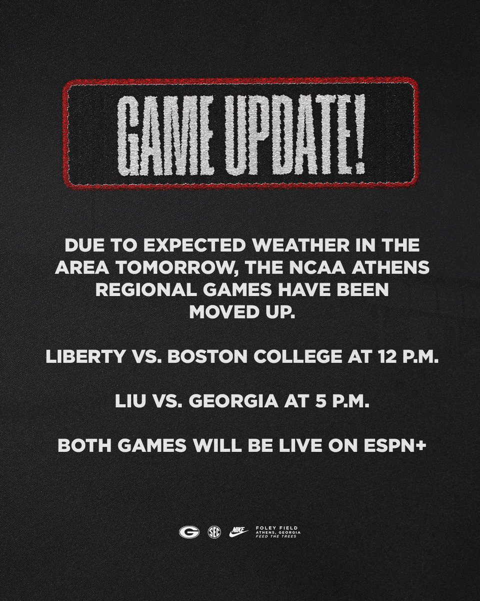 BaseballUGA's tweet photo. 🚨NCAA ATHENS REGIONAL SCHEDULE UPDATE🚨 https://t.co/xjnY0LxSKz