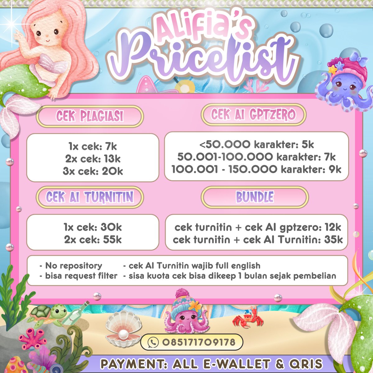 croiuant's tweet photo. @saezjin yuk mariii kak 😊

🍪 CEK TURNITIN 🍪

🥛cek plagiasi
1x cek: 7k
2x cek: 13k
3x cek: 20k

🥛cek AI GPTZERO
start from 5k

🥛cek AI Turnitin
1x cek: 30k
2x cek: 55k

- No repository
- bisa request filter
- sisa kuota cek bisa dikeep

🍵all e wallet, qris
🍵 https://t.co/SwBS8LRb2c https://t.co/aydgs5IYcX