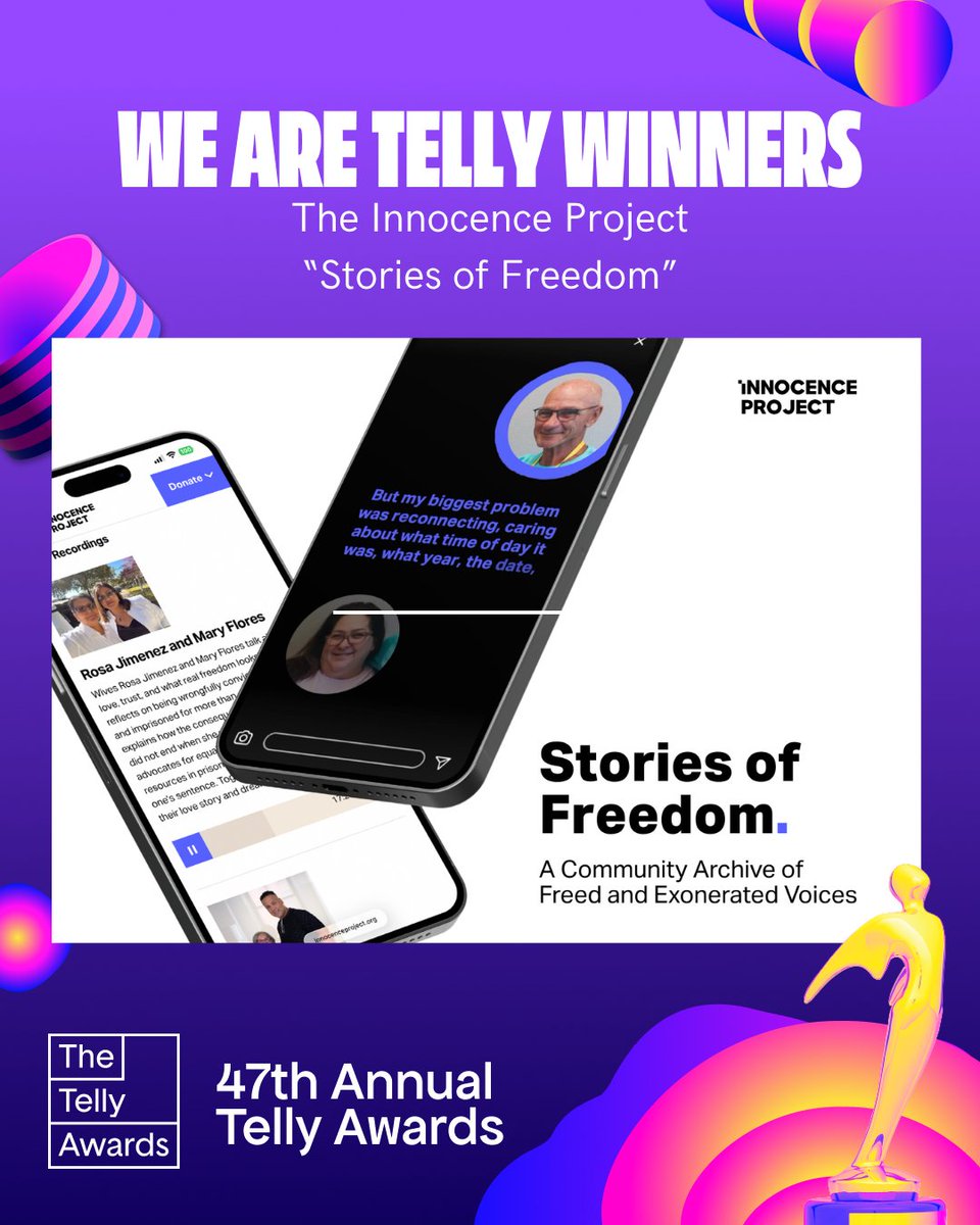 innocence's tweet photo. Exciting news! We won a @tellyawards! 

We won Silver in the online-social impact category for “Stories of Freedom: A Community Archive of Freed and Exonerated Voices,” published in partnership with @MellonFdn, @RWJF, and @StoryCorps  Studios. 

Listen to the award-winning work. 

https://t.co/gSZTPpvgt5

#TellyAward.