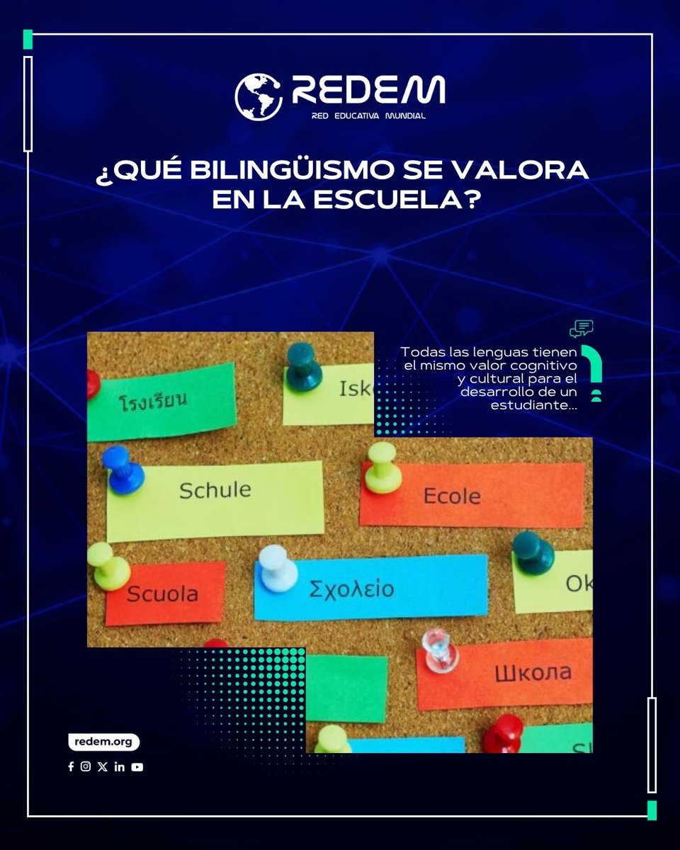 REDEM's tweet photo. El sistema educativo actual tiende a valorar de forma desigual el bilingüismo, priorizando las lenguas extranjeras hegemónicas sobre los idiomas nativos o de herencia de los estudiantes...
Conoce más aquí:👇
https://t.co/O9sqC66LUt
#Bilingüismo #InclusiónEducativa https://t.co/Atylh2Z15g