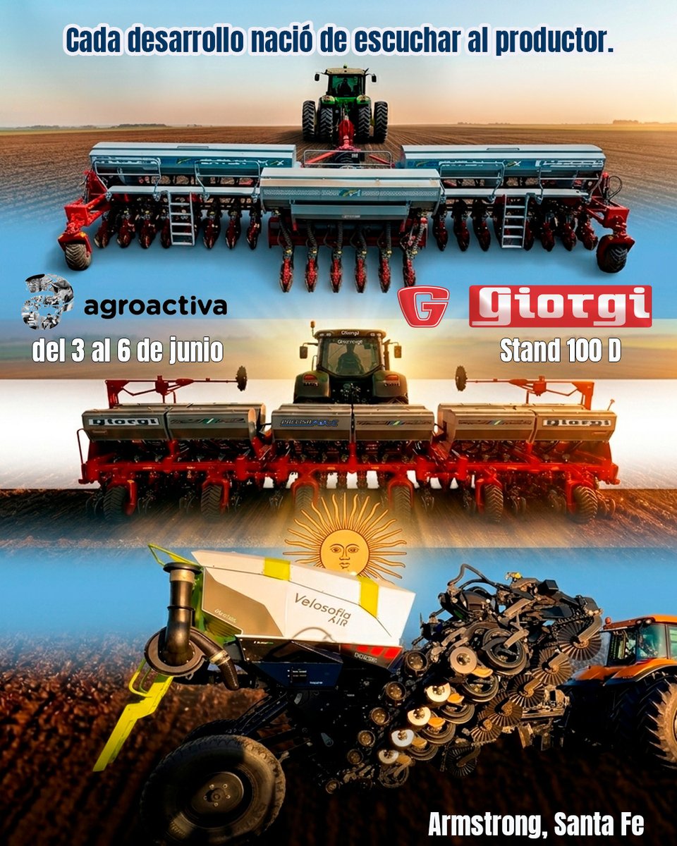 GiorgiSA2's tweet photo. Escuchar al #productor es nuestra forma de #evolucionar.
Así nacieron muchos de los #desarrollos que hoy forman parte de nuestra línea de #sembradoras:
✔Argentun-Max
✔Precisa Max-E
✔Velosofía Air by Giorgi
Conocelas en @AgroActiva 2026 | #Stand 100 D.
#Giorgi #Agroactiva2026 https://t.co/4yVCim8O0p