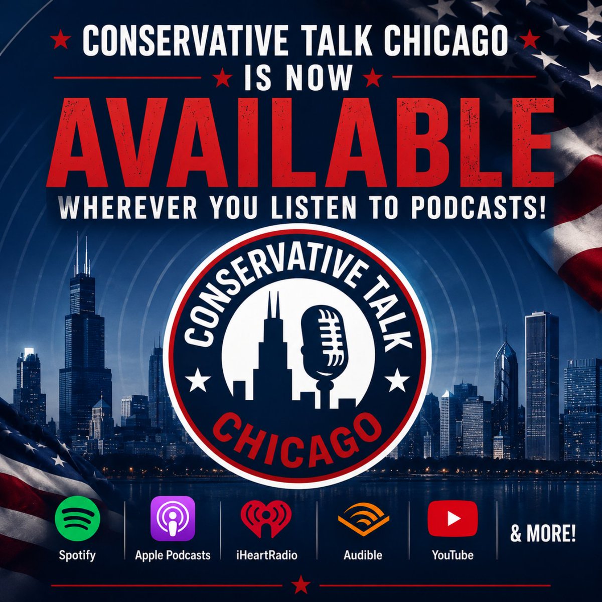 conservetalkchi's tweet photo. 🎙️ Conservative Talk Chicago is now available wherever you listen to podcasts 🇺🇸

Now streaming on Spotify, Apple Podcasts, YouTube, iHeartRadio, Audible, and more.

This is just the beginning. Stay tuned

#Chicago #Conservative #Podcast #Politics #Illinois #ConservativeTalk #CTC https://t.co/JJf8vfFRet