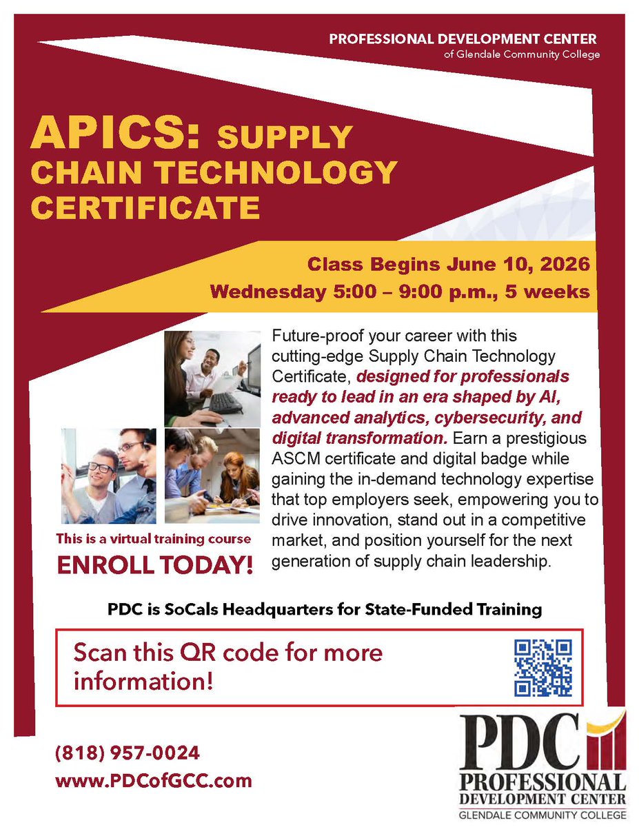 PDCGlendale's tweet photo. APICS Supply Chain Technology Certificate and APICS Supply Chain Resilience Certificate classes begin soon! Contact us today for more information and enrollment in this courses! #apics #planning #inventorymanagement #certificate #training #ascm  #certification #supplychain https://t.co/sjGkBTt55x