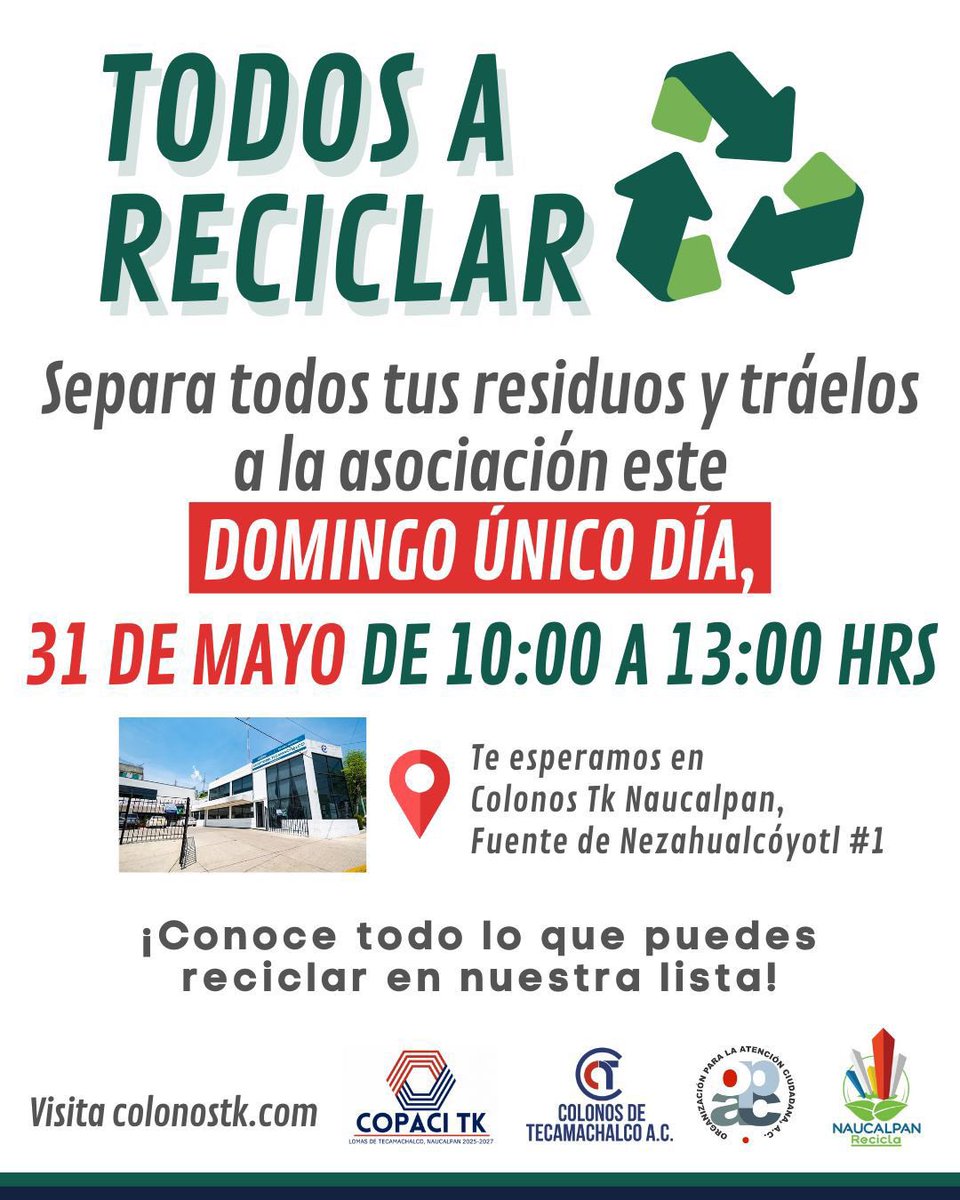 ColonosTK's tweet photo. ♻️🌎 En Lomas de Tecamachalco ponemos el ejemplo.

Ser responsables con el medio ambiente empieza desde casa y hoy tenemos la oportunidad de demostrar que nuestra comunidad sí se preocupa por el planeta. https://t.co/SxKG8NDUs5