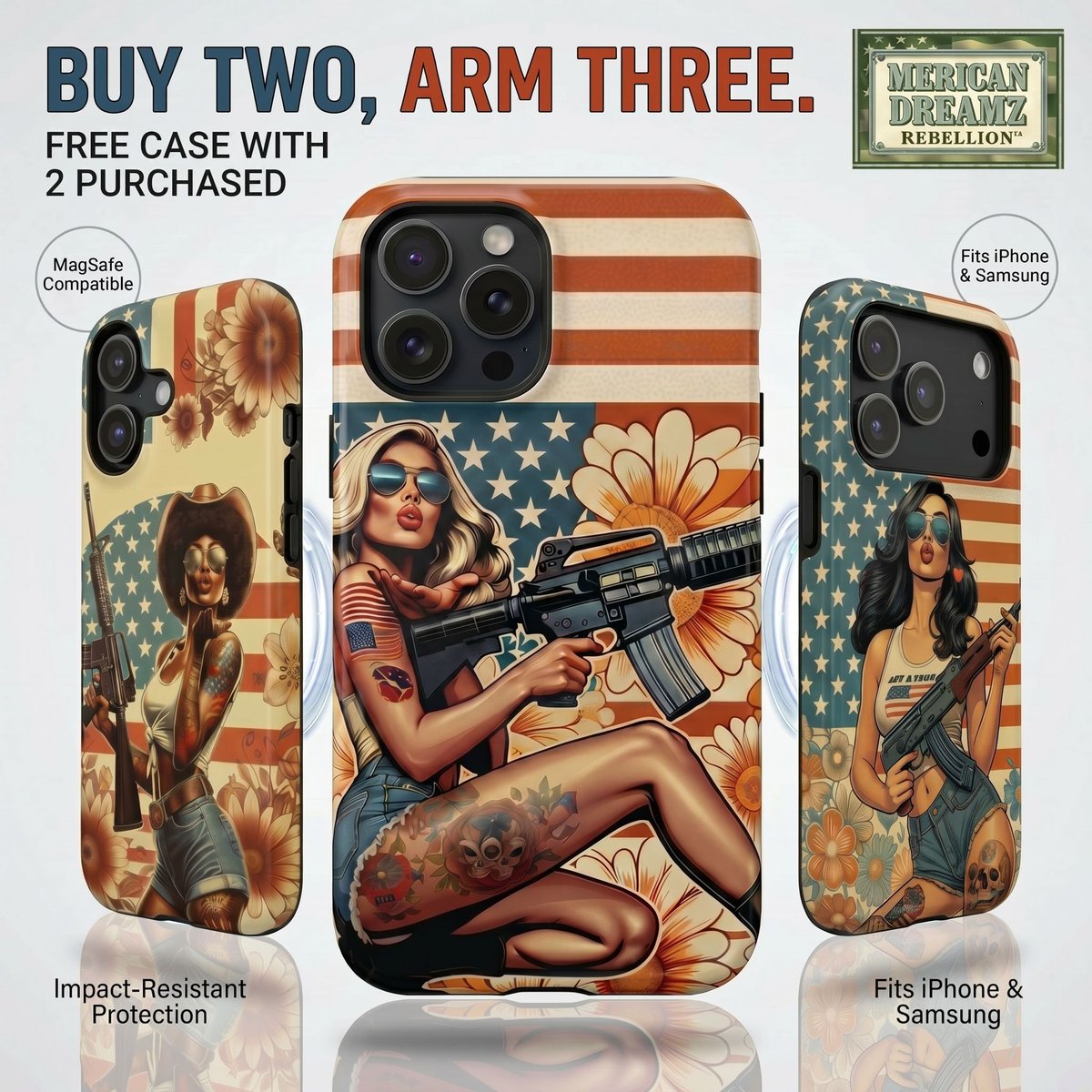 MDZ_REBELLION's tweet photo. Buy two, arm three. 🔫🇺🇸 Dress your phone like it means it with impact-ready pinup power—MagSafe compatible, fits iPhone & Samsung, and your 2A attitude. Snag the deal, pick your girls, and gear up your whole squad. 
 https://t.co/Uan5vxfM9F  

#mericandreamzrebellion #2asupporter #pinupstyle #patrioticphonecase #gunlifestyle #mericandreamz, #phonecases, #magsafecase, #impactresistant, #fullwrapprint, #iphone13case, #iphone14case, #iphone15case, #iphone16case, #iphone17case, #samsungS26case, #americanaesthetic, #mericandreamzrebellion